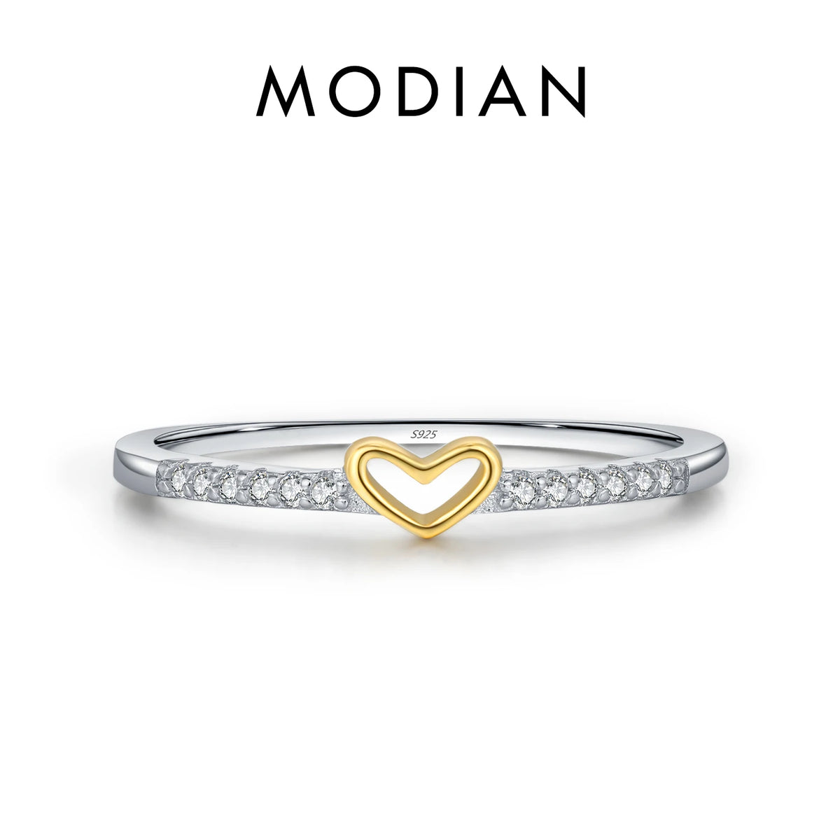 MODIAN 925 Sterling Silver Simple Romantic Heart Ring Trendy Metallic Contrast Design Ring for Women Fine Jewelry