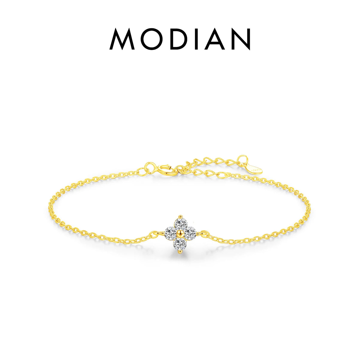 MODIAN 925 Sterling Silver Stackable Four-Leaf Clover CZ Bracelet, White Gold Plated Link Chain, Women's Party Fine Jewelry