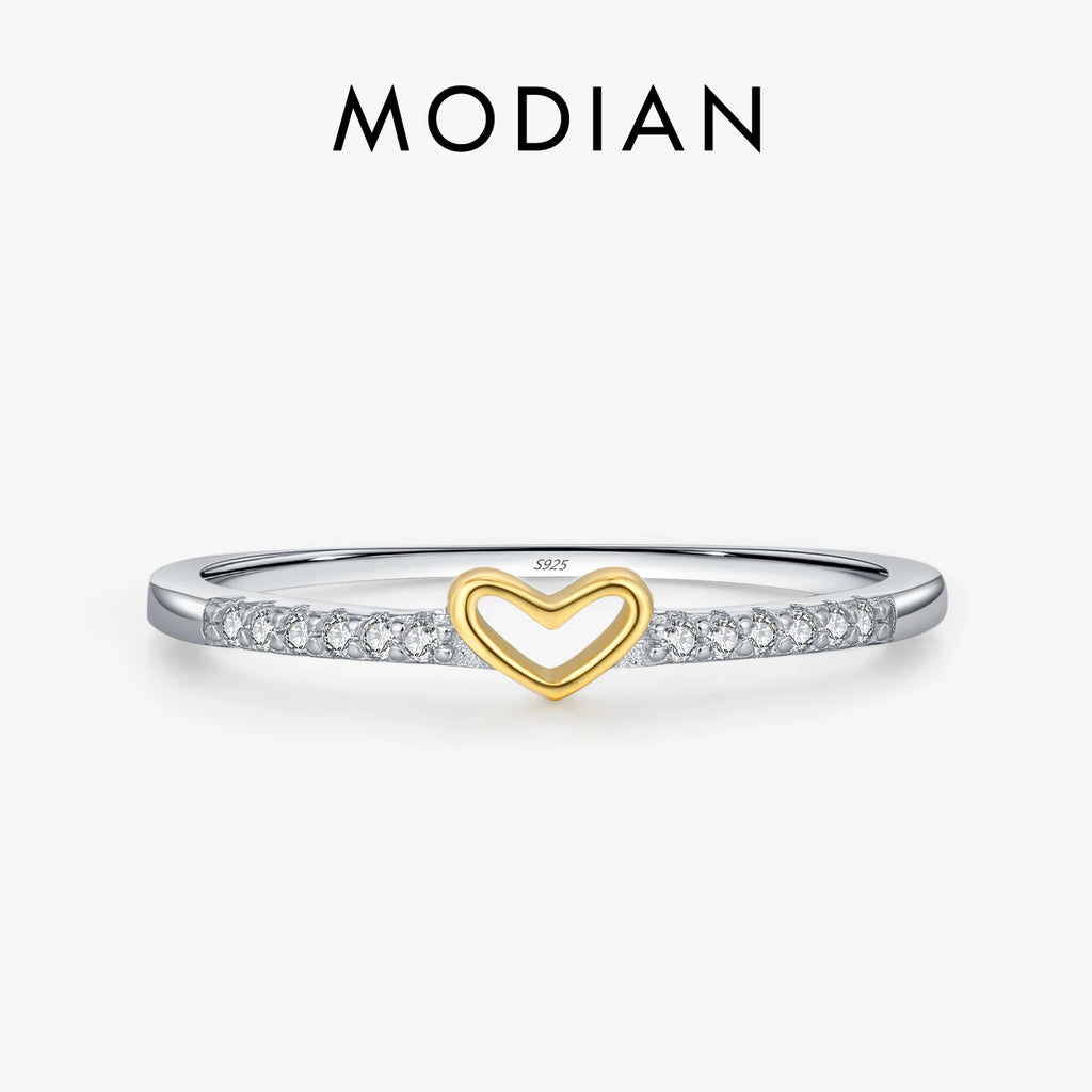 MODIAN 925 Sterling Silver Simple Romantic Heart Ring Trendy Metallic Contrast Design Ring for Women Fine Jewelry