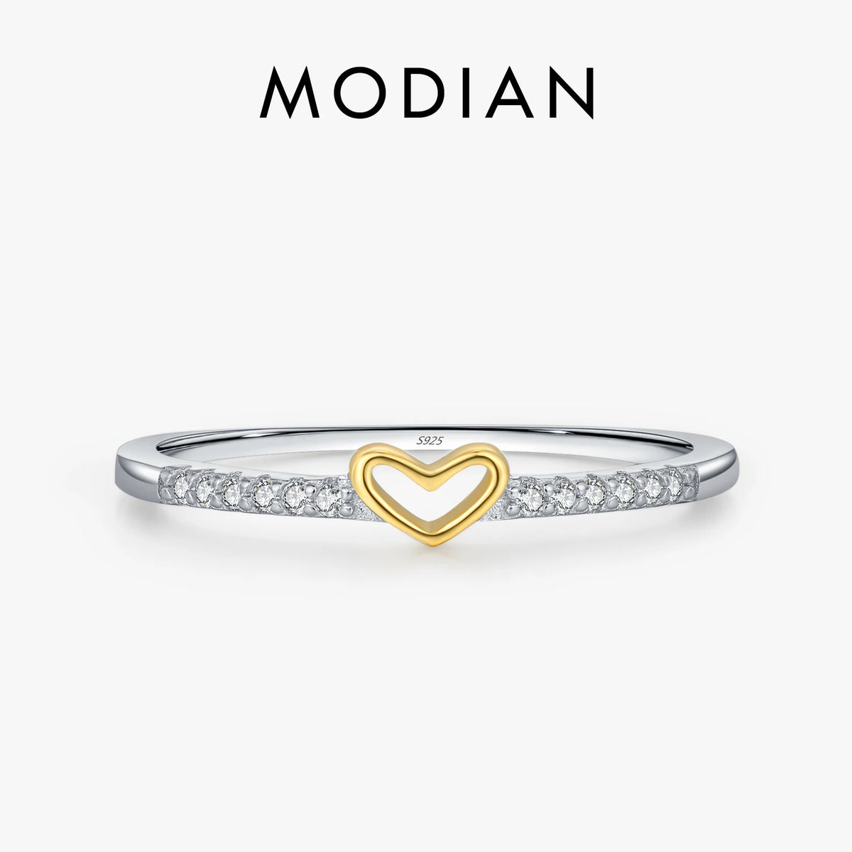 MODIAN 925 Sterling Silver Simple Romantic Heart Ring Trendy Metallic Contrast Design Ring for Women Fine Jewelry