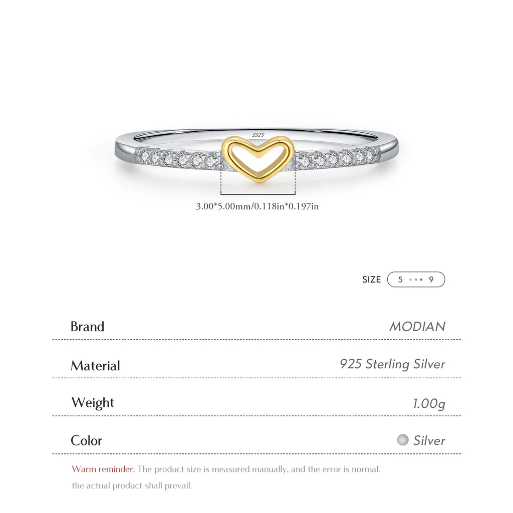MODIAN 925 Sterling Silver Simple Romantic Heart Ring Trendy Metallic Contrast Design Ring for Women Fine Jewelry