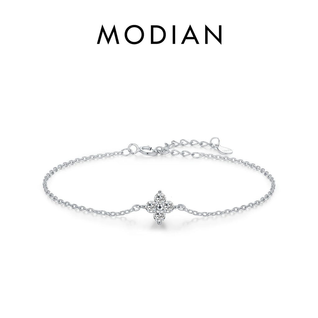 MODIAN 925 Sterling Silver Stackable Four-Leaf Clover CZ Bracelet, White Gold Plated Link Chain, Women's Party Fine Jewelry