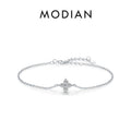 MODIAN 925 Sterling Silver Stackable Four-Leaf Clover CZ Bracelet, White Gold Plated Link Chain, Women's Party Fine Jewelry
