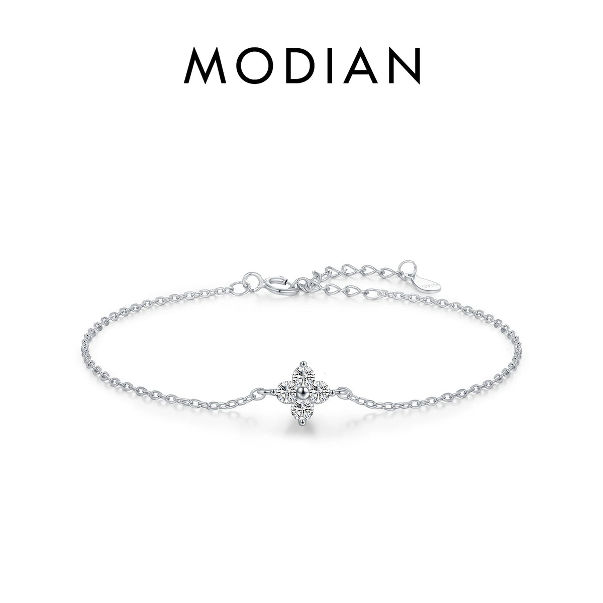 MODIAN 925 Sterling Silver Stackable Four-Leaf Clover CZ Bracelet, White Gold Plated Link Chain, Women's Party Fine Jewelry