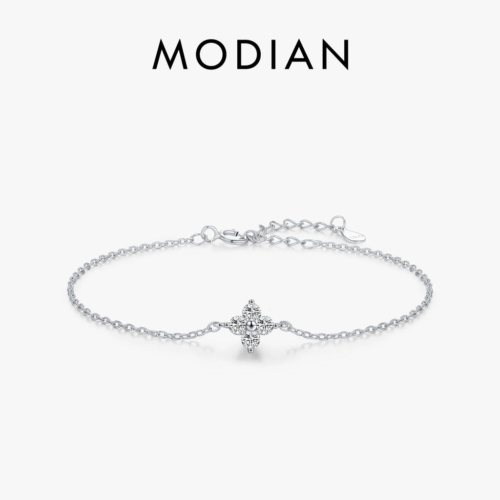 MODIAN 925 Sterling Silver Stackable Four-Leaf Clover CZ Bracelet, White Gold Plated Link Chain, Women's Party Fine Jewelry