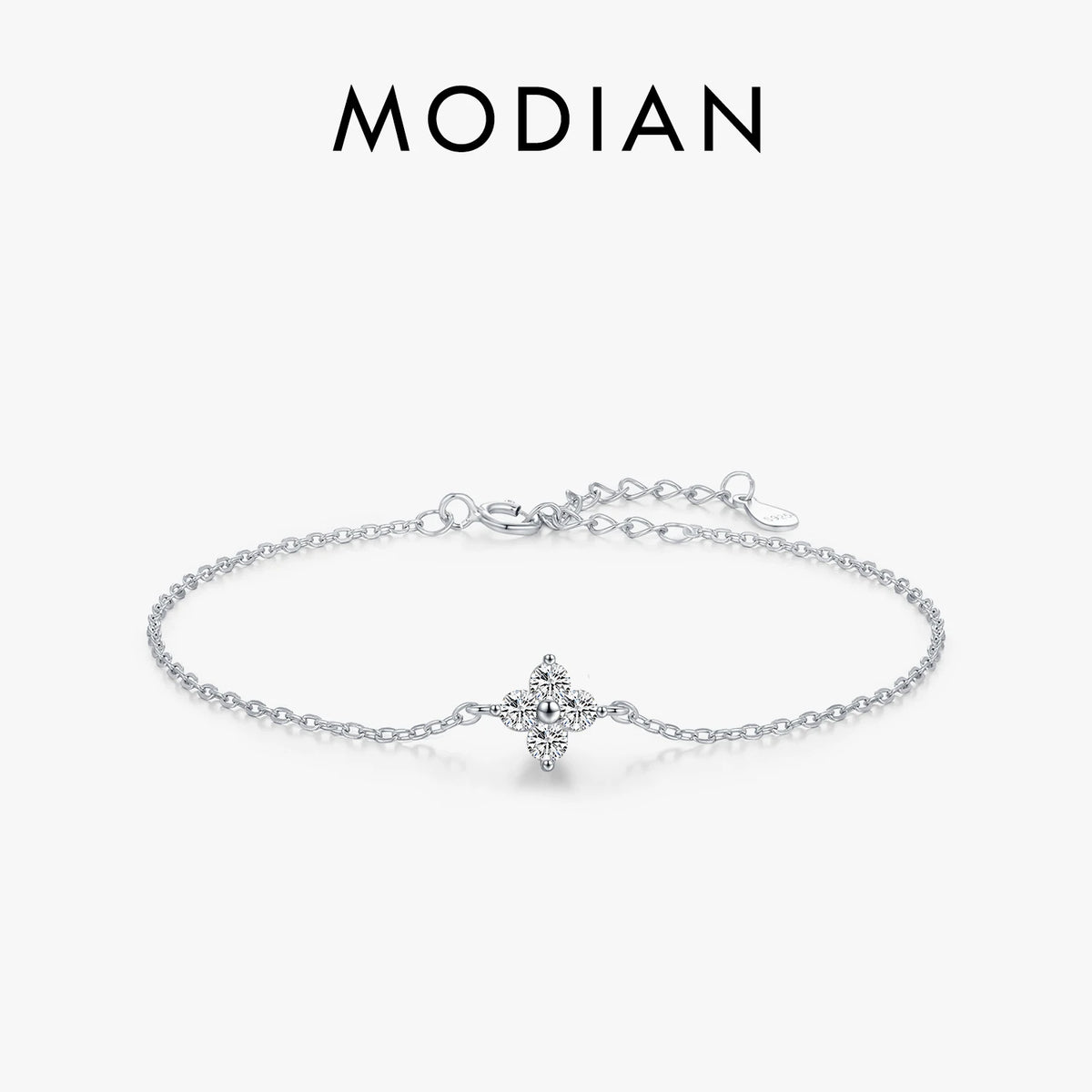 MODIAN 925 Sterling Silver Stackable Four-Leaf Clover CZ Bracelet, White Gold Plated Link Chain, Women's Party Fine Jewelry