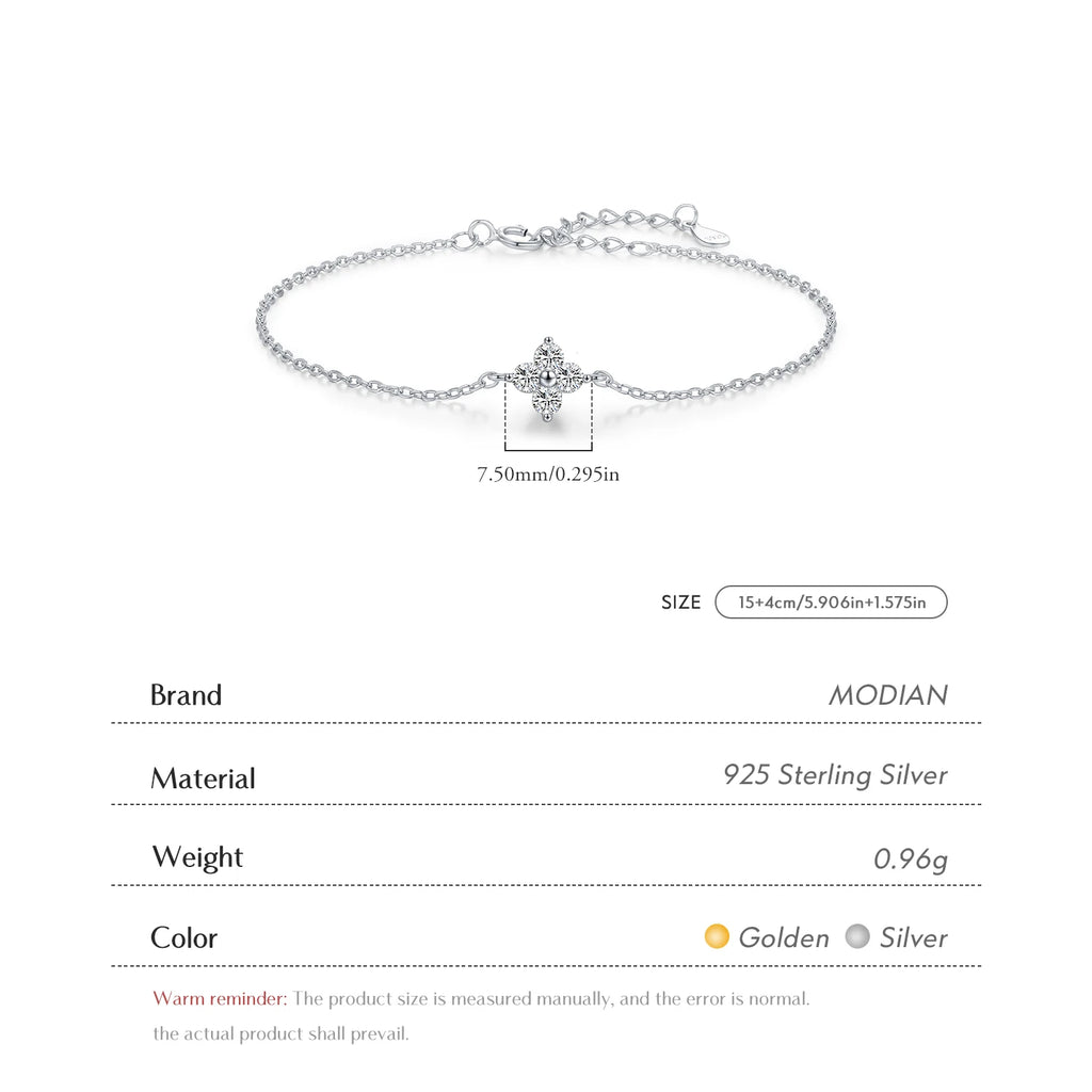 MODIAN 925 Sterling Silver Stackable Four-Leaf Clover CZ Bracelet, White Gold Plated Link Chain, Women's Party Fine Jewelry