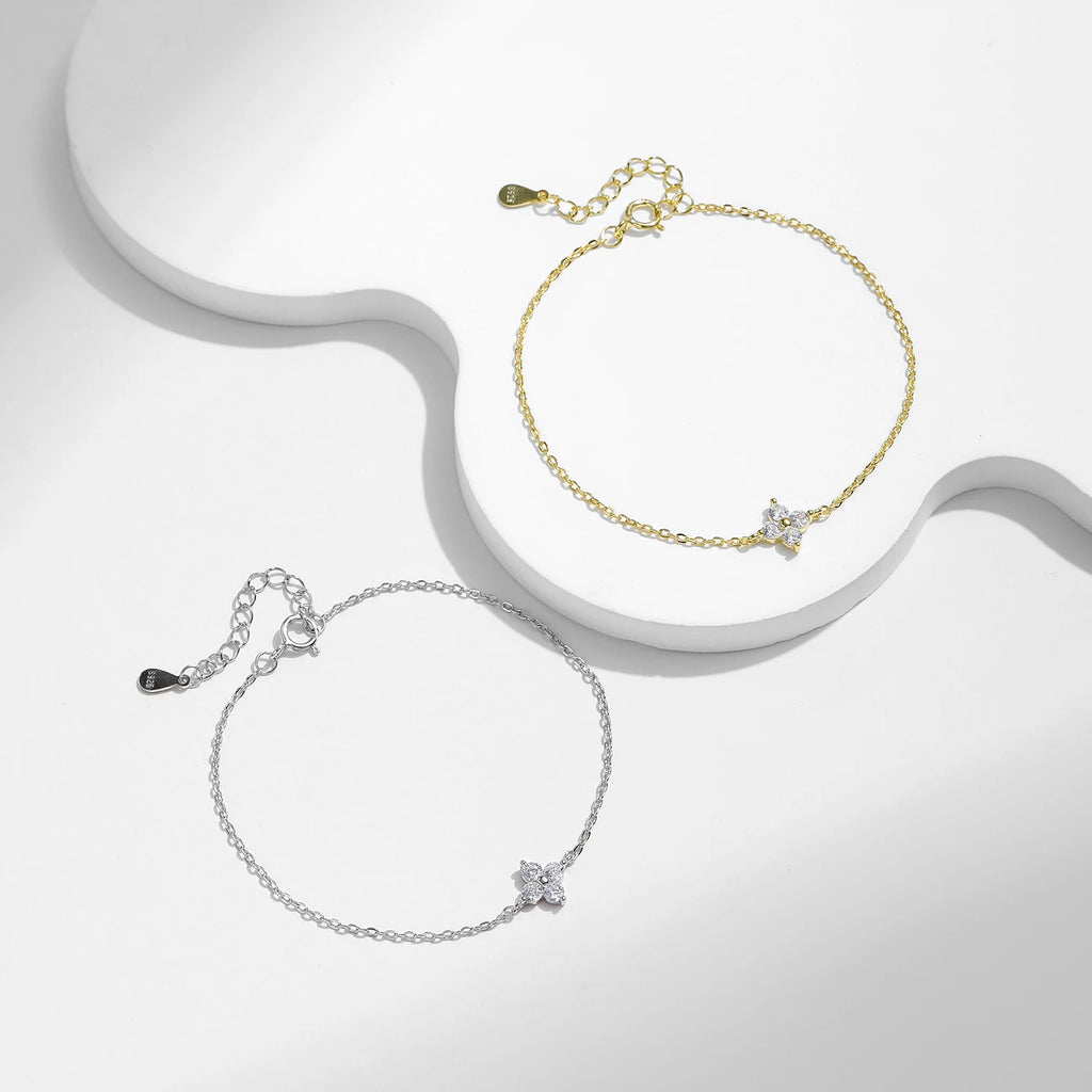 MODIAN 925 Sterling Silver Stackable Four-Leaf Clover CZ Bracelet, White Gold Plated Link Chain, Women's Party Fine Jewelry