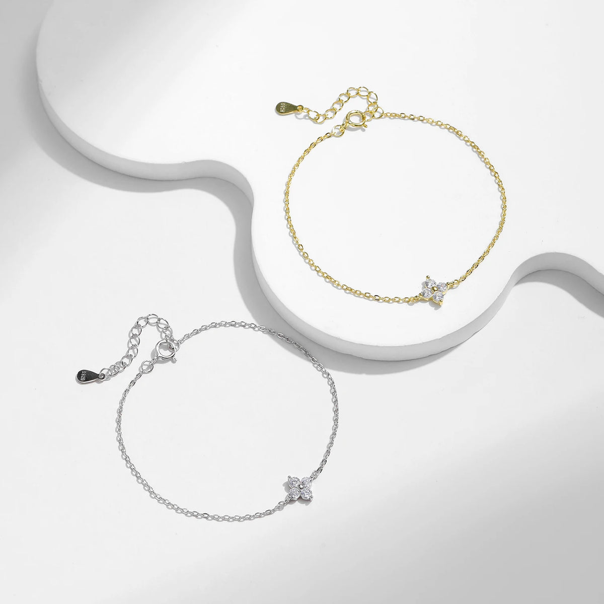 MODIAN 925 Sterling Silver Stackable Four-Leaf Clover CZ Bracelet, White Gold Plated Link Chain, Women's Party Fine Jewelry
