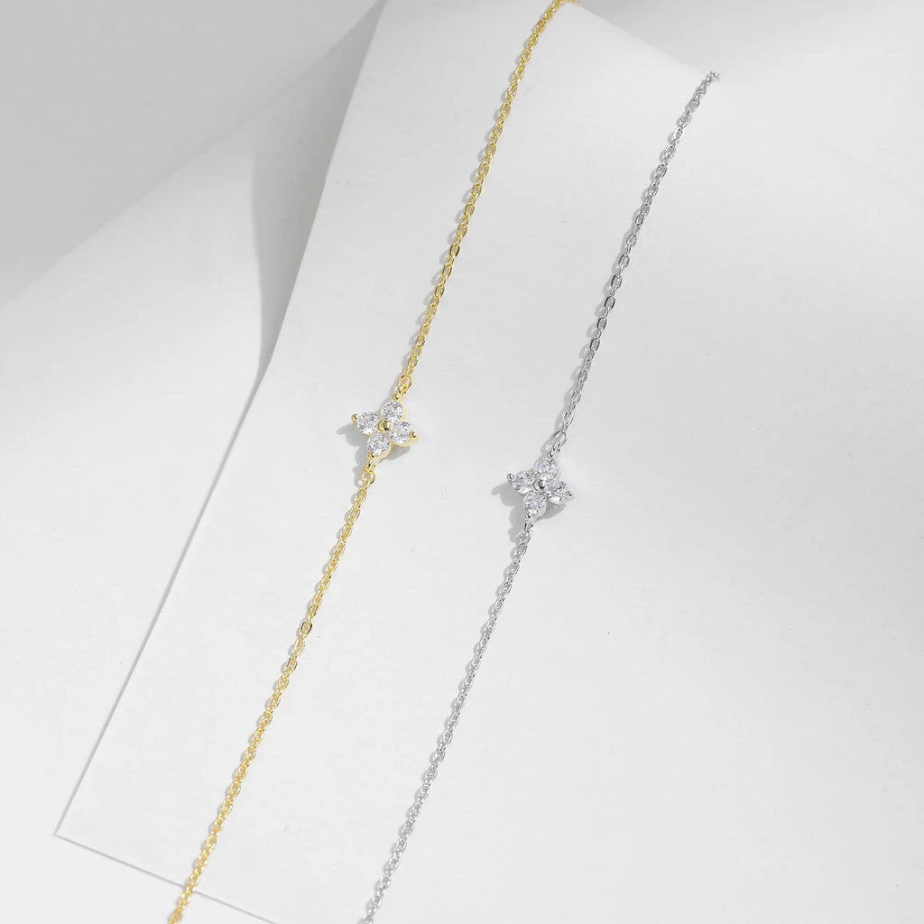 MODIAN 925 Sterling Silver Stackable Four-Leaf Clover CZ Bracelet, White Gold Plated Link Chain, Women's Party Fine Jewelry