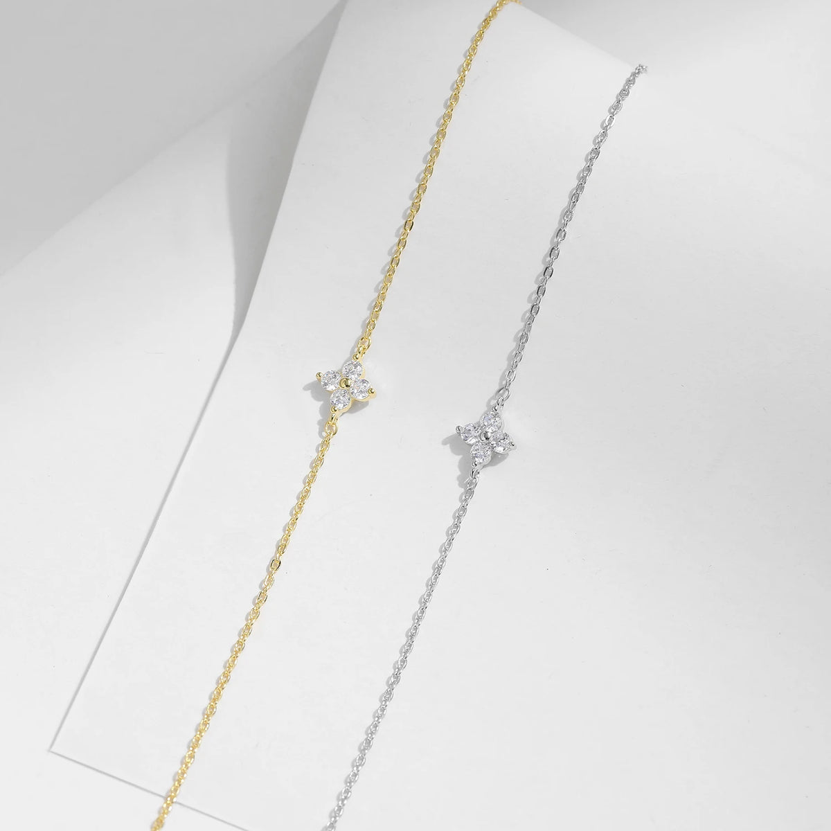 MODIAN 925 Sterling Silver Stackable Four-Leaf Clover CZ Bracelet, White Gold Plated Link Chain, Women's Party Fine Jewelry