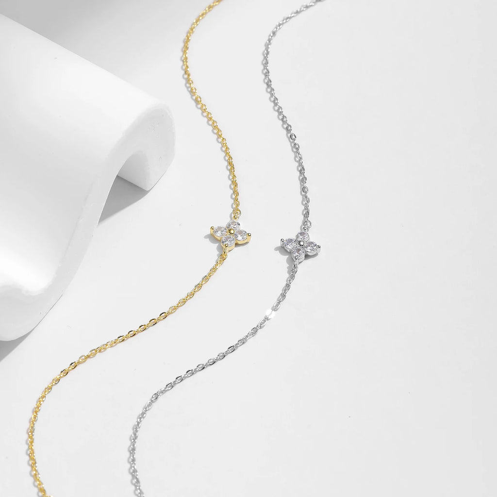 MODIAN 925 Sterling Silver Stackable Four-Leaf Clover CZ Bracelet, White Gold Plated Link Chain, Women's Party Fine Jewelry
